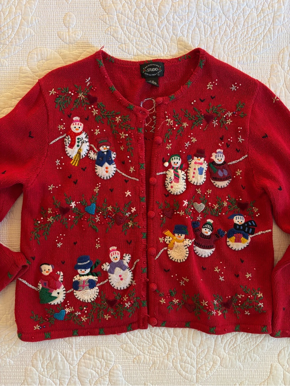 Vintage Studio Red Festive Christmas Snowman Embroidered Cardigan